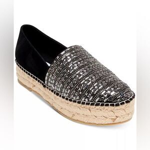 STEVE MADDEN Proud Black Silver Embellished Leather Platform Espadrilles shoe 10